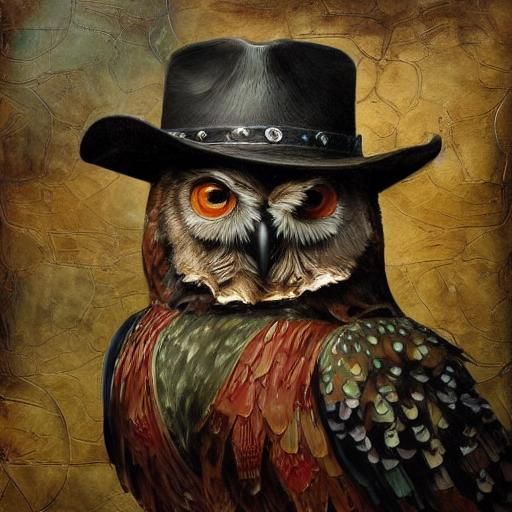 Expressionist Owl with Cowboy Hat in Bronze and Patina