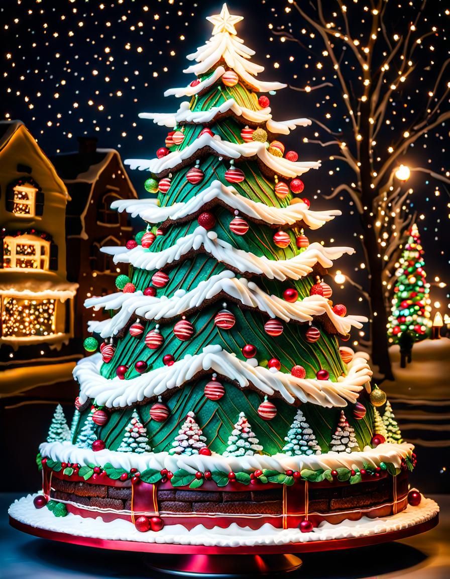 Christmas Tree Cake with Candies and Lights