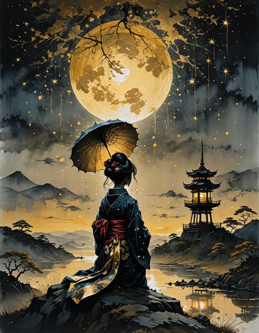 Lonely Geisha Silhouette Under Lantern with Galaxy Sky