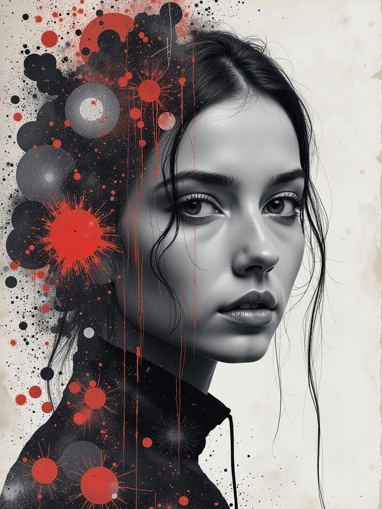 Pastel Portrait of a Charming Young Woman in Abstract Realit...