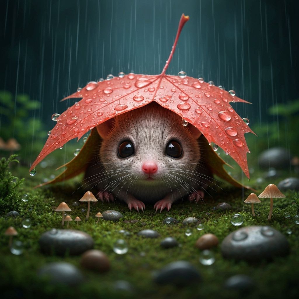 Jerboa Hiding Under Maple Leaf in Summer Rain