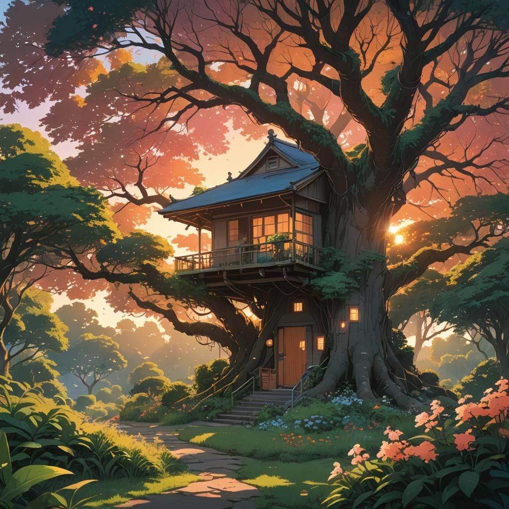 Tranquil Sunset Garden in Anime Style