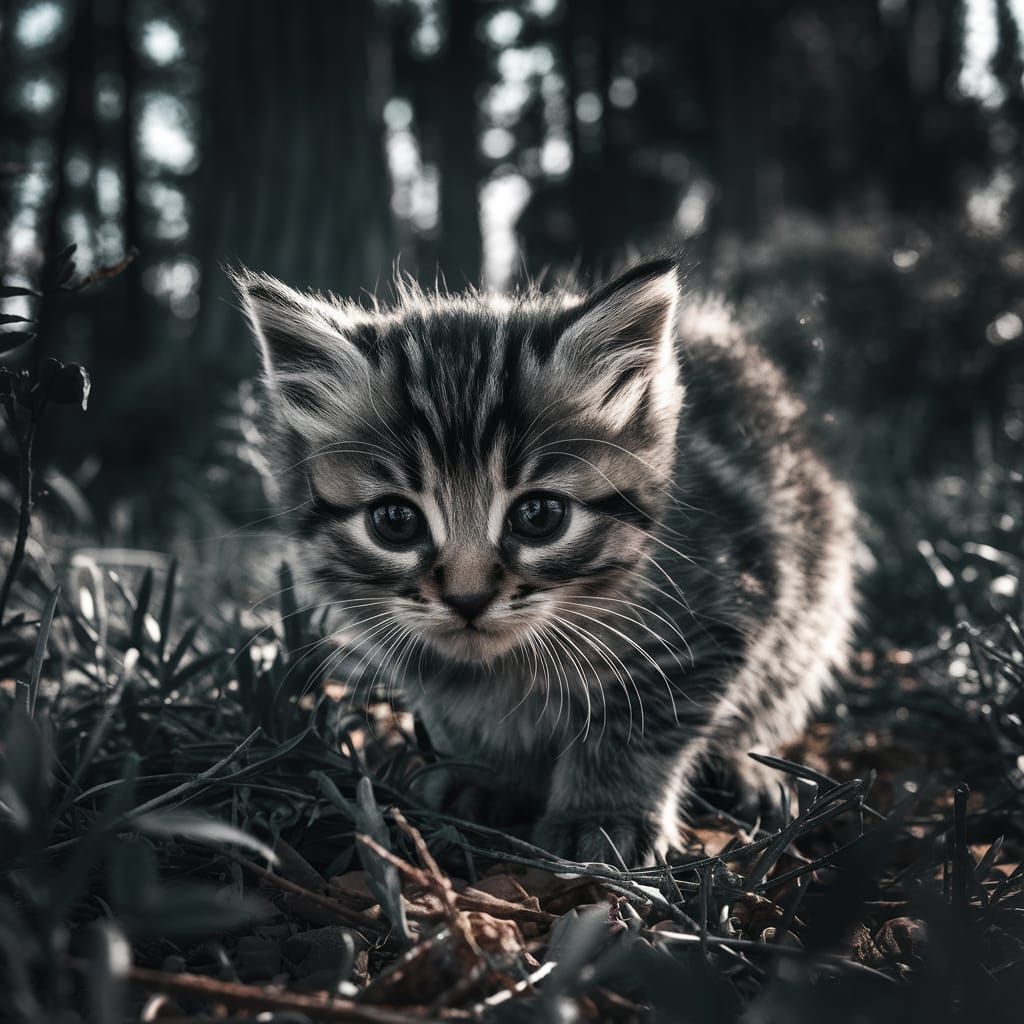 Tabby Kitten Crouching in Forest Underbrush