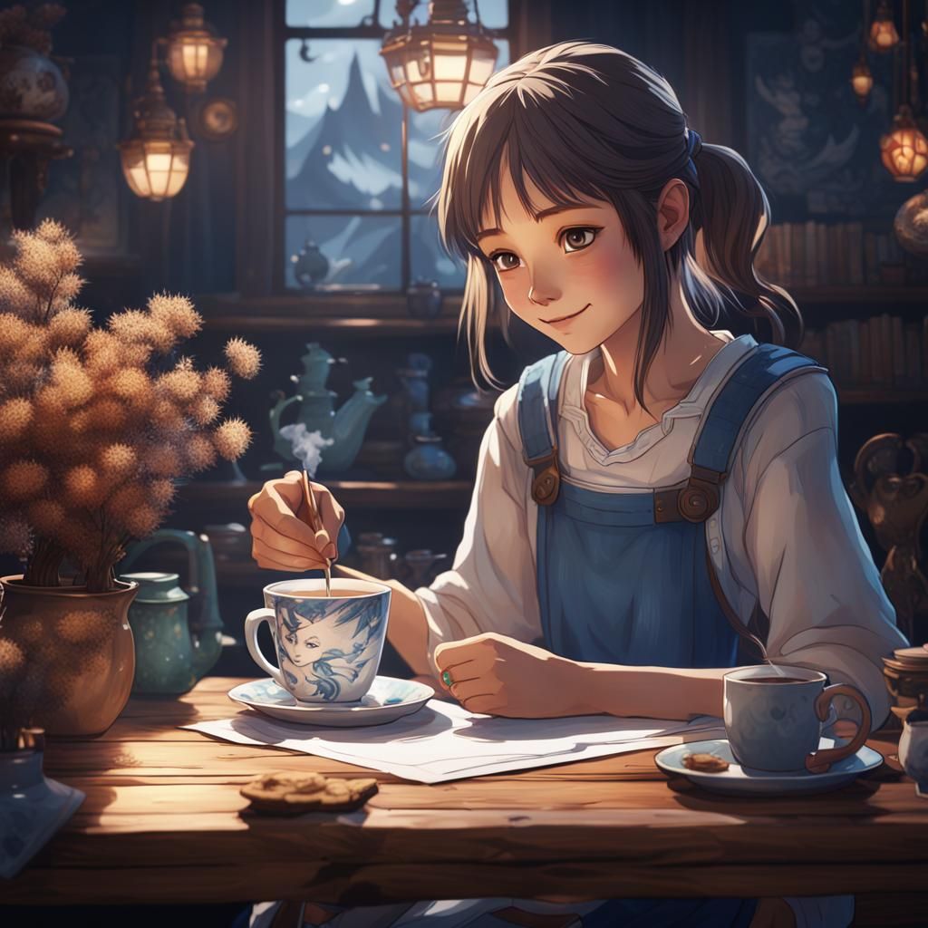 Girl Drawing Anime Character in Detailed Matte Painting