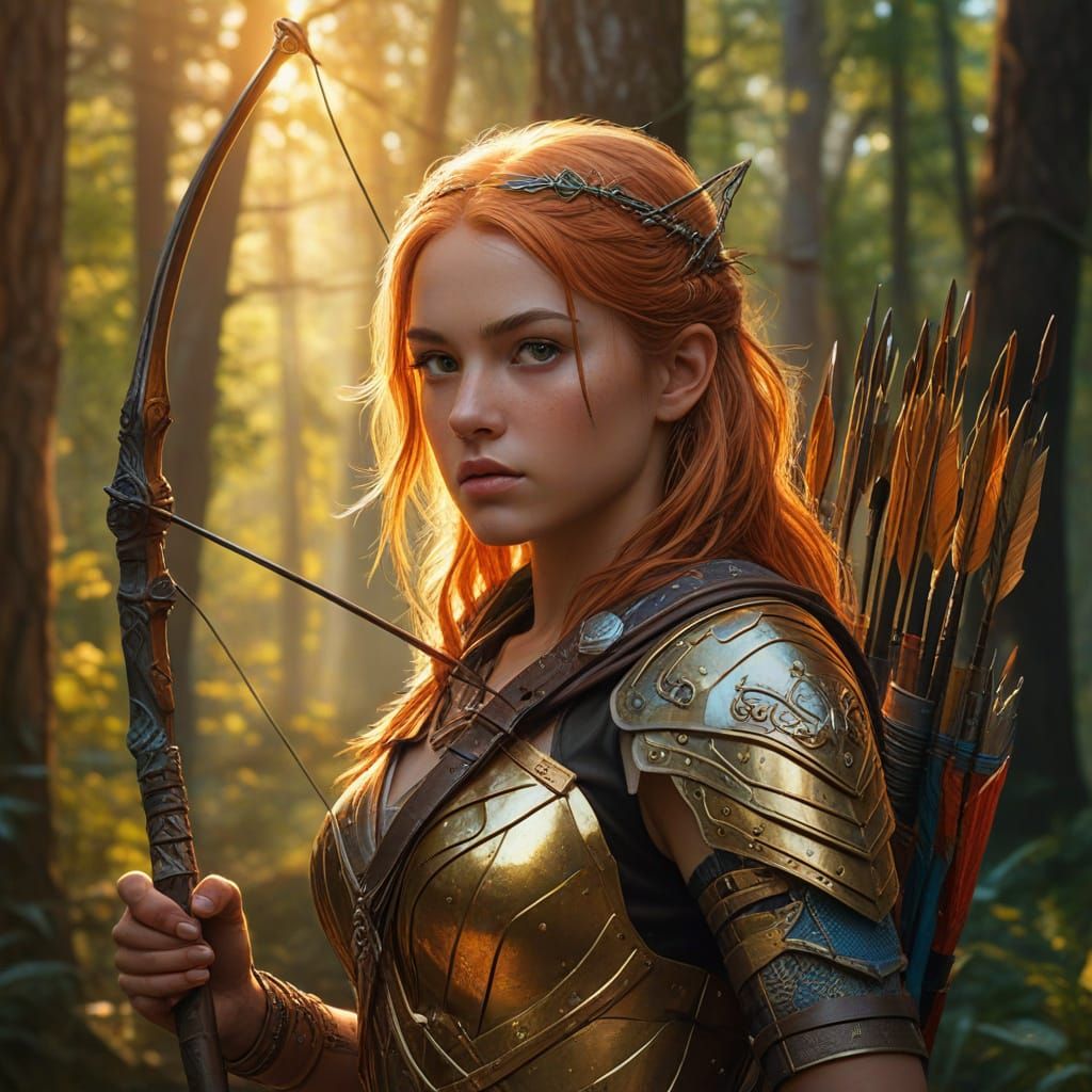 Warrior Girl in Forest: Vibrant Oil Painting