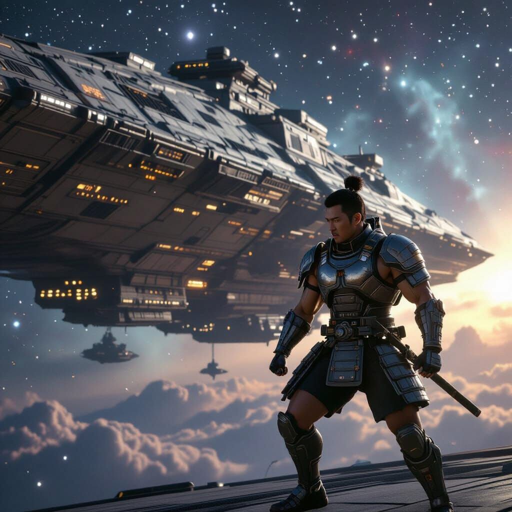 Ancient Spaceship Piloted by Futuristic Samurai in Deep Spac...