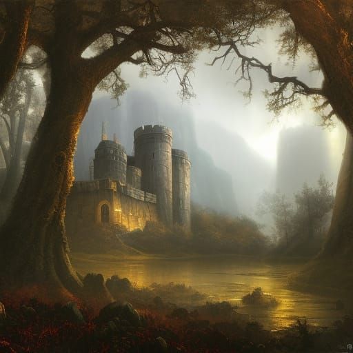 Fortress in Misty Woods: Matte Oil Painting