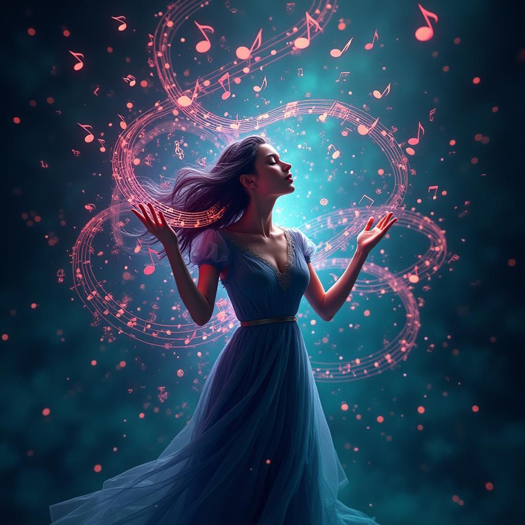 Woman in Rapture Surrounded by Music Mosaic