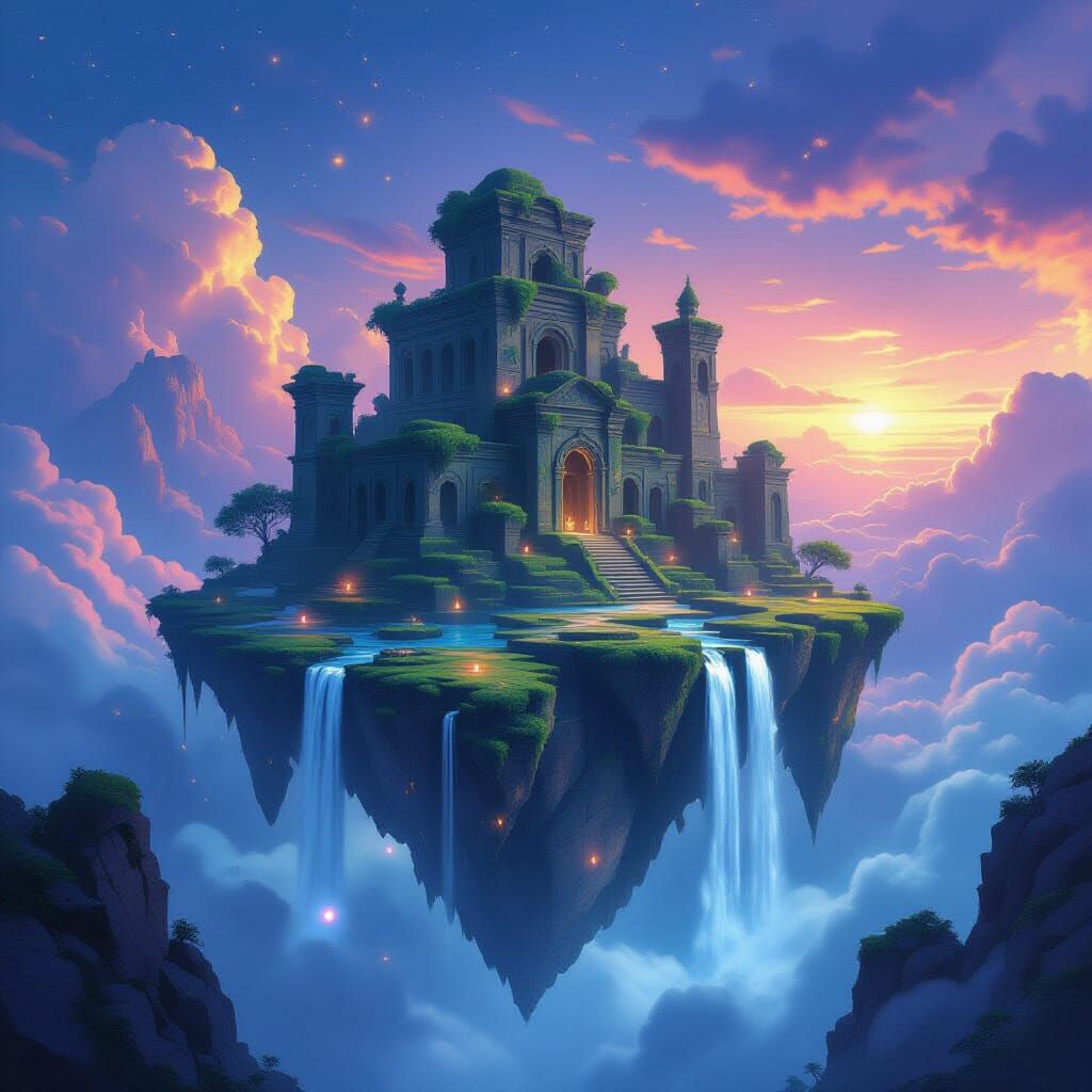 Floating Island Ruins with Sky River in Fantasy Art Style