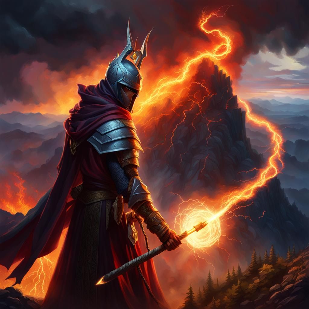 Evil Sorcerer Oversees Fiery Battle in Hyperrealistic Art