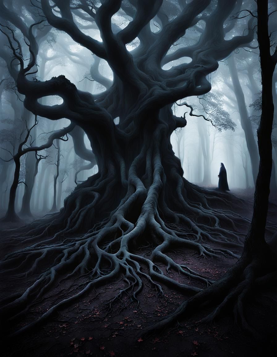 Mysterious Cloaked Figure in Twilight Forest