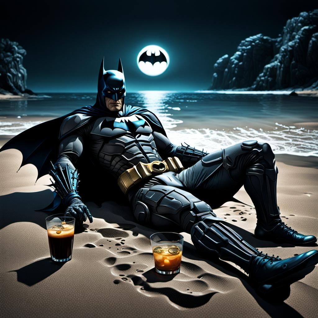 Batman on Beach at Night: Digital Illustration