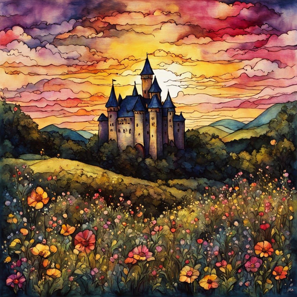 Radiant Cartoon Castle at Sunset in Chiaroscuro Style