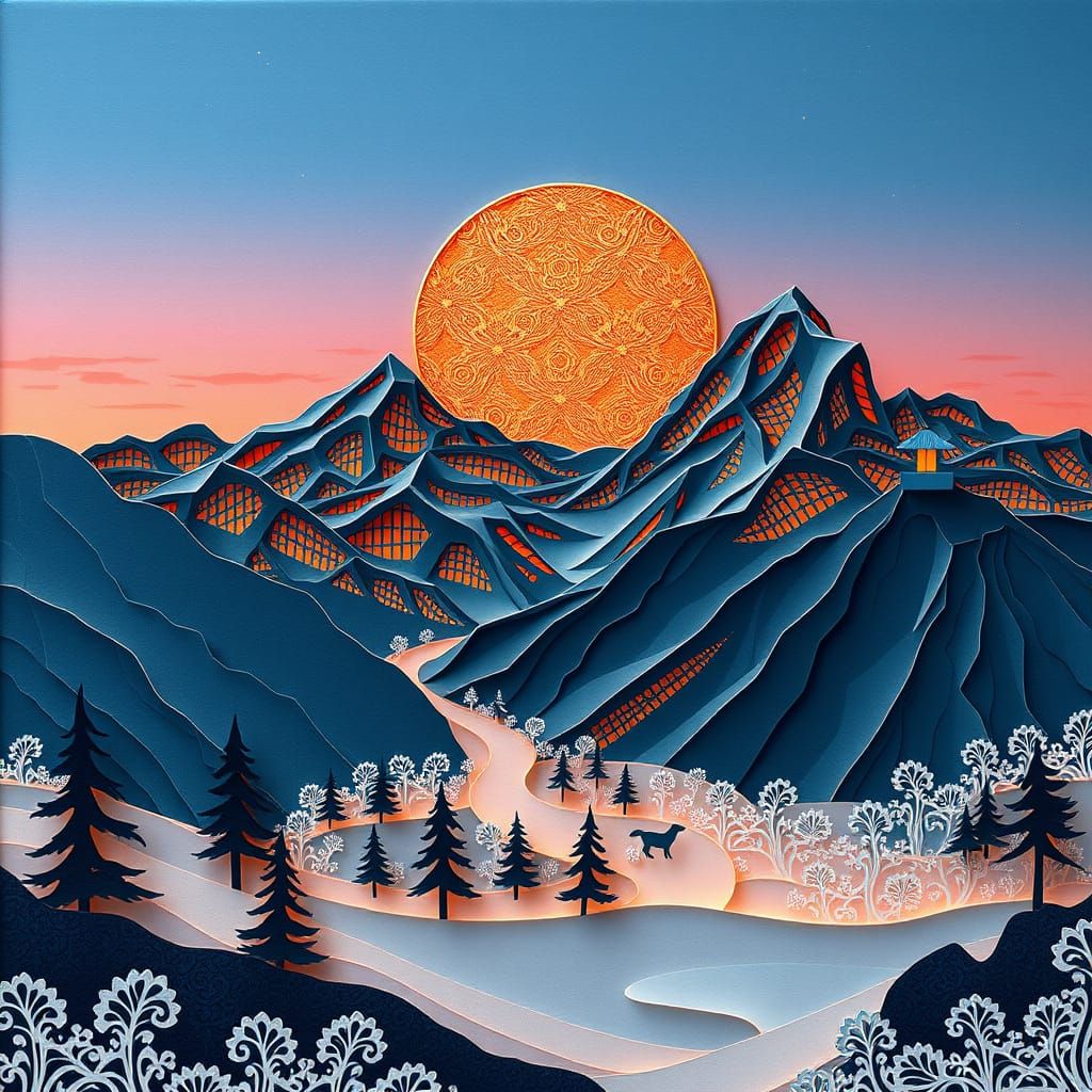 Dreamlike Mountain Skyline in Kirigami Paper Art Style