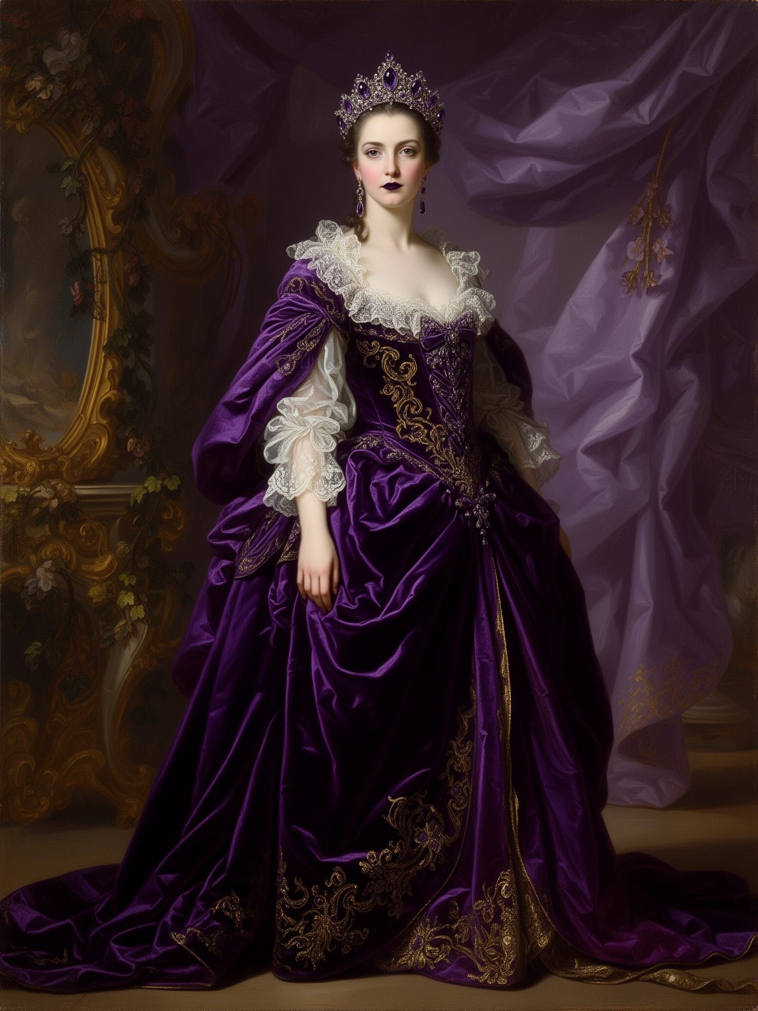 Regal Noblewoman in Purple Silk Baroque Portrait