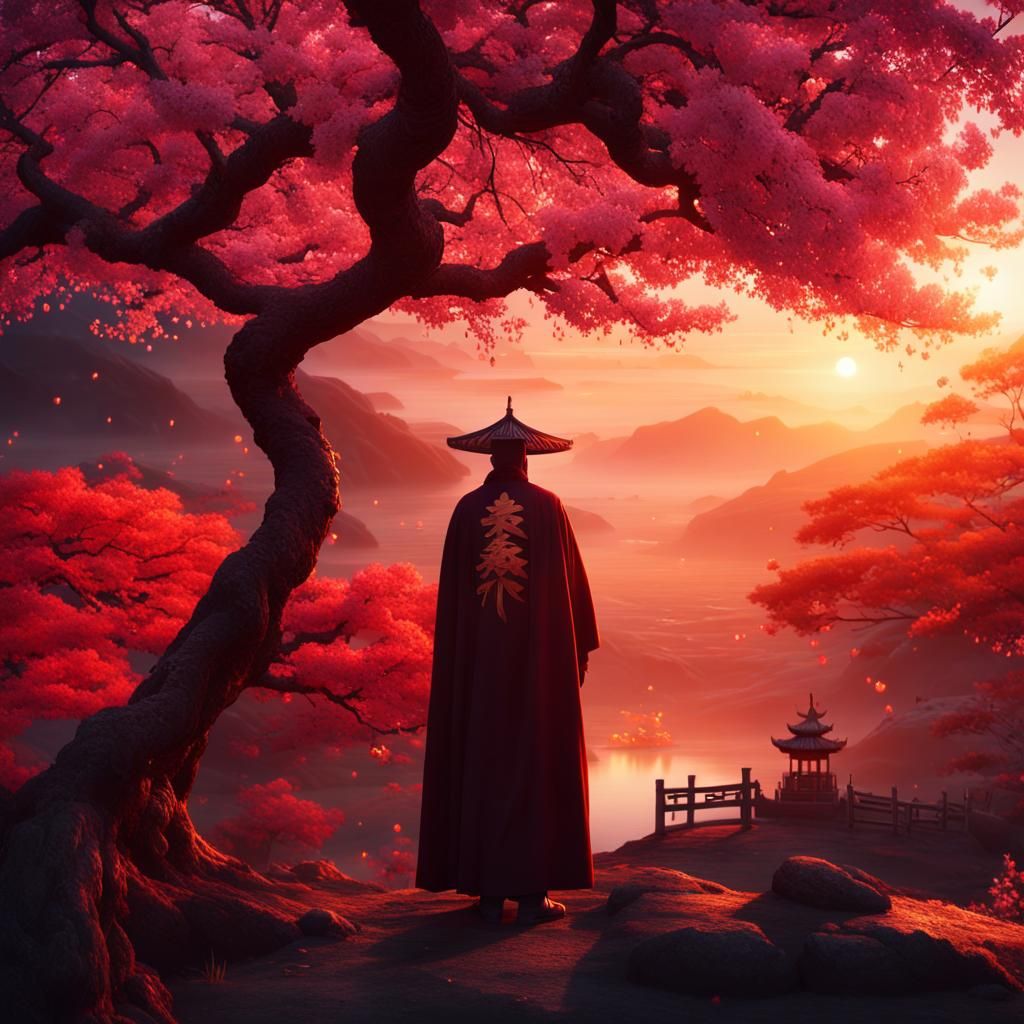 Mystical Chinese Sunset Landscape with Sakura Tree