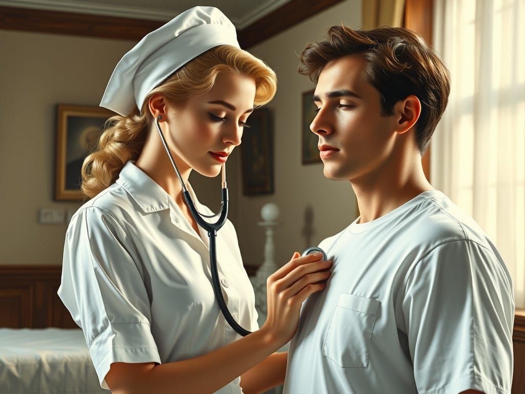 Nurse in 1950s Hospital Attire Listens to Patient's Heartbea...