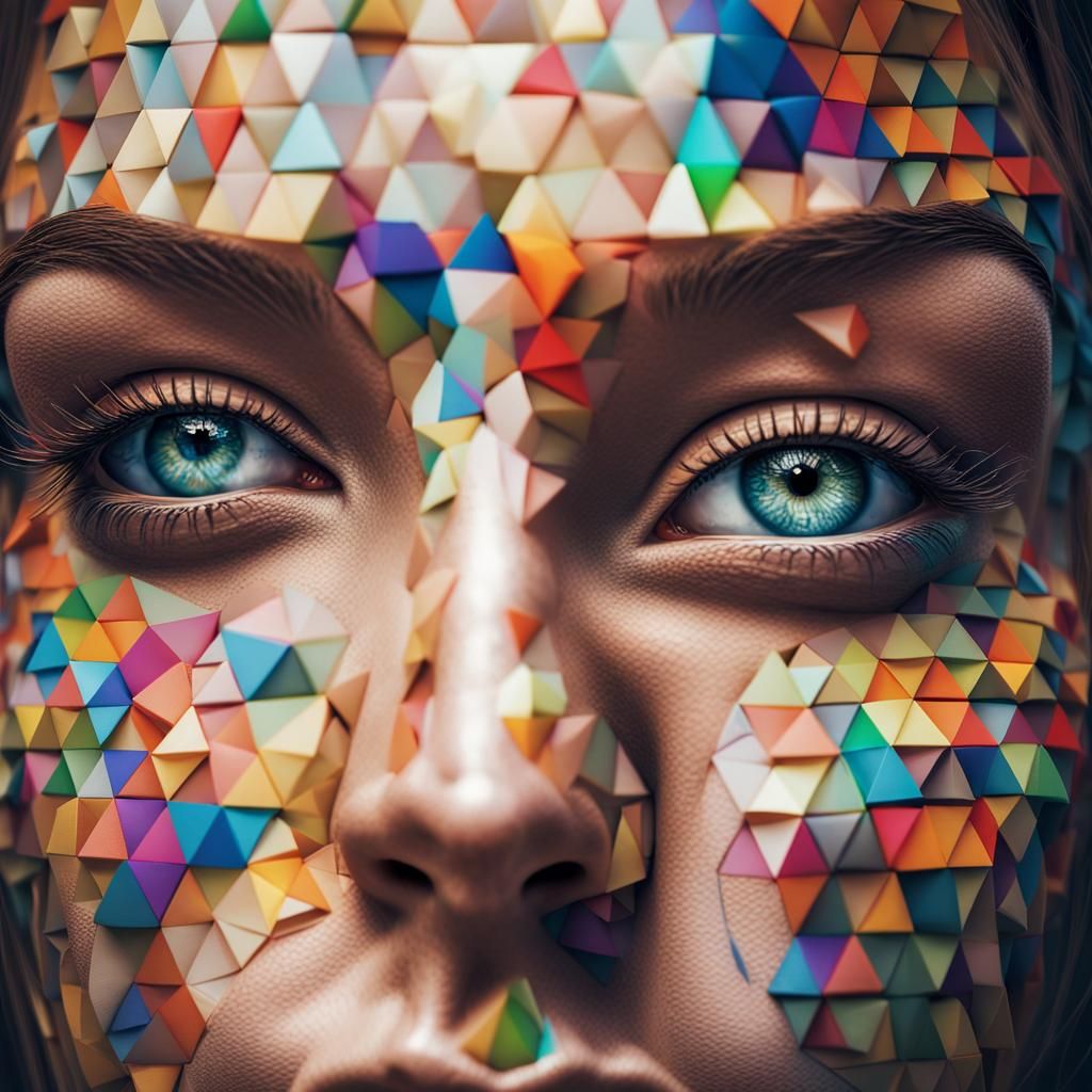 Abstract Rainbow Polygon Woman's Face in HDR
