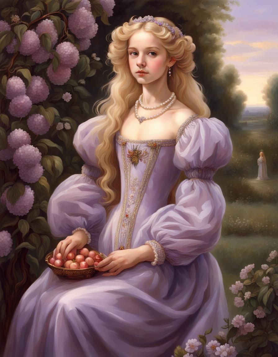 Renaissance Girl in Purple Gown in Cherry Garden