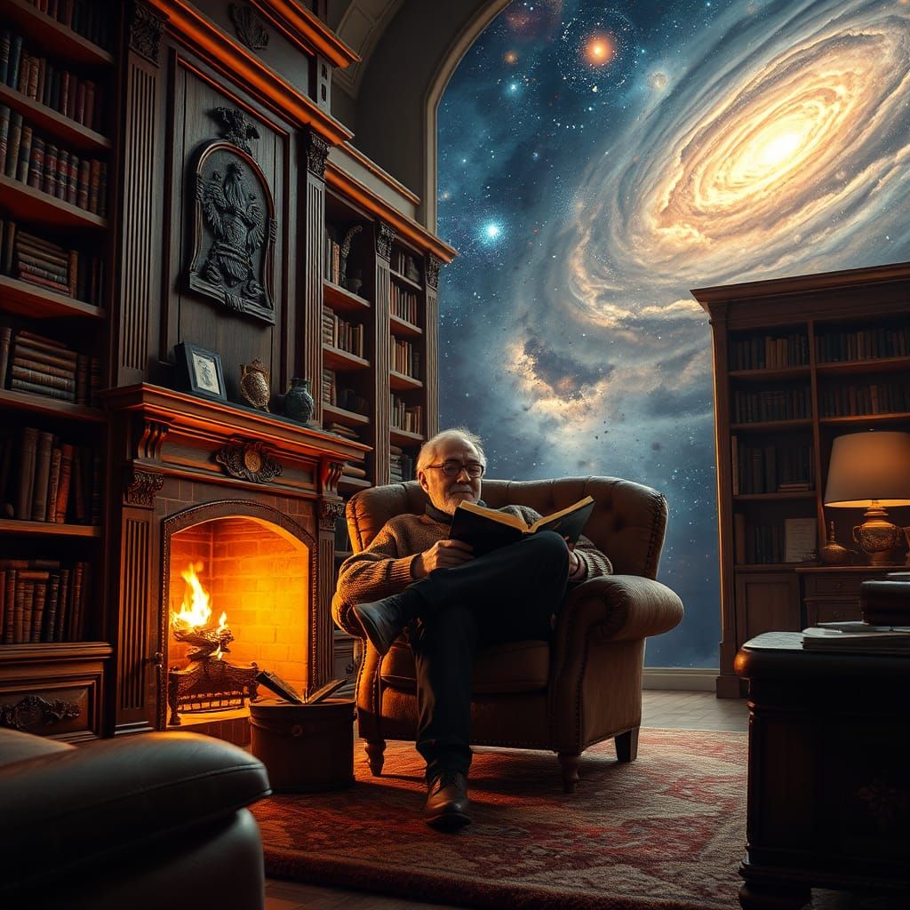 Man Reads in Floating Room Amidst Starry Cosmos