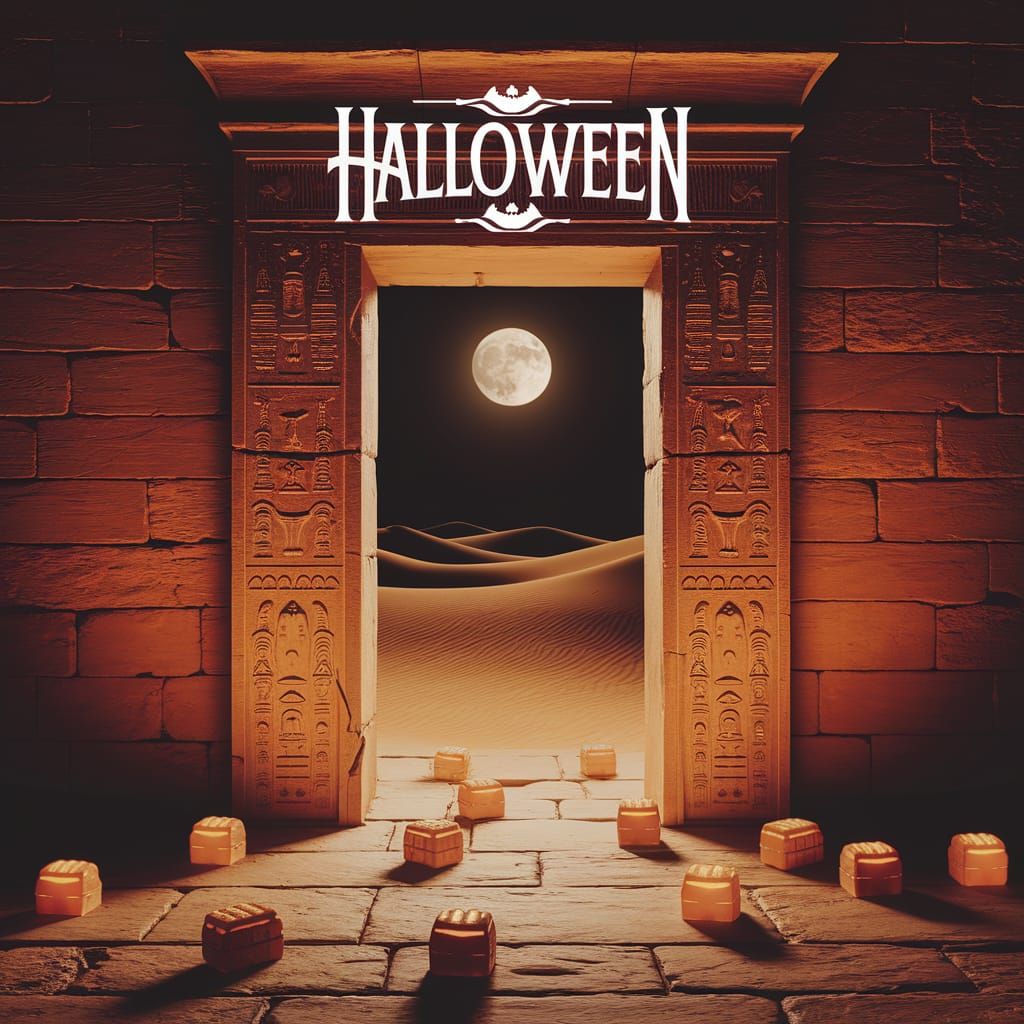 Egyptian Halloween Doorway: Spooky Candies & Hieroglyphs