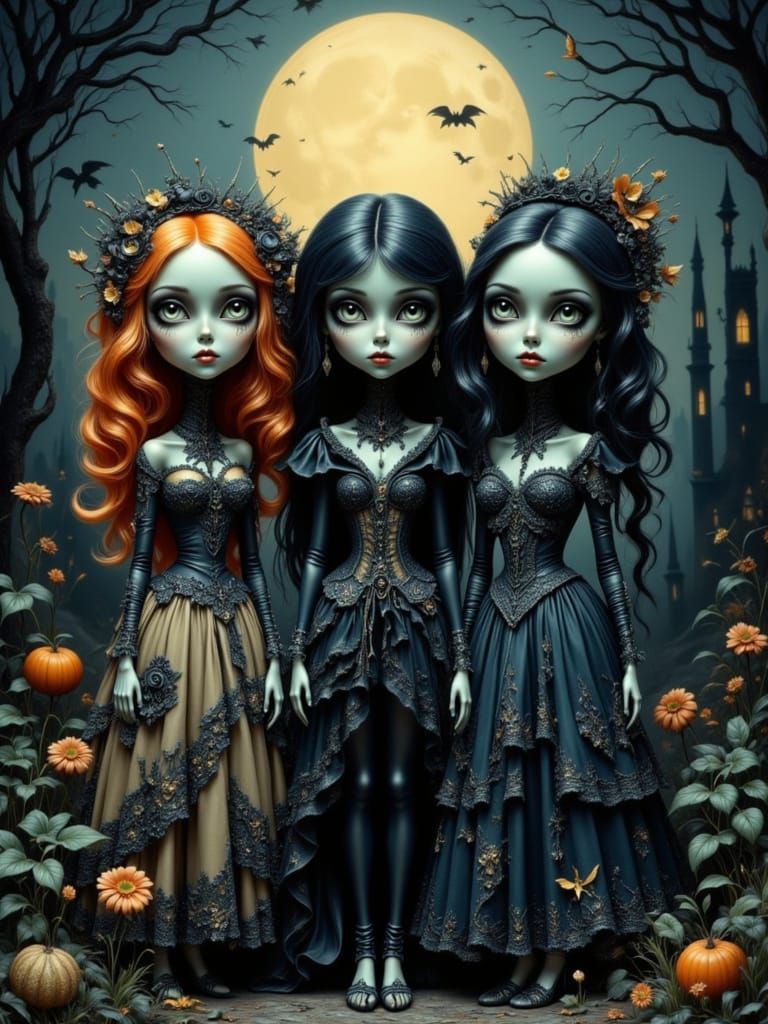 Whimsical Witches in Ornate Dresses Under Full Moon