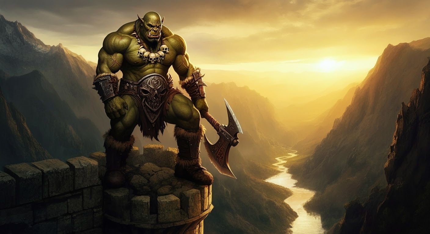 Imposing Orc Warrior on Castle Turret at Sunset