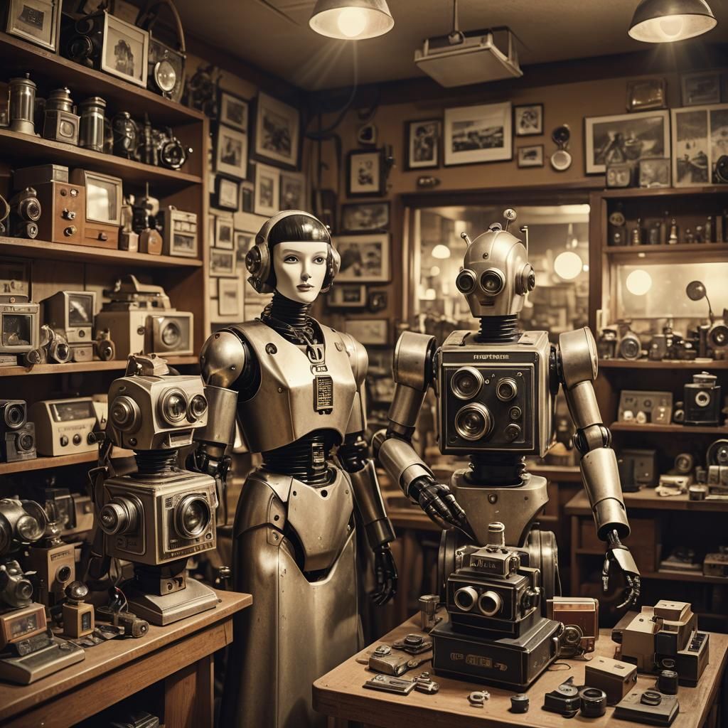 Robot and Woman in Retrofuturistic Antique Shop