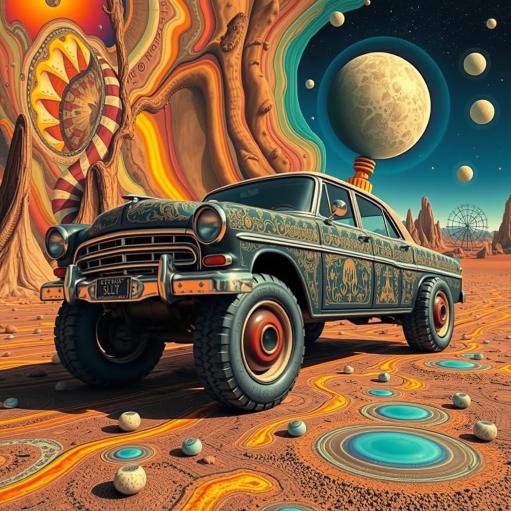 Surreal Car Scene in a Vibrant, Psychedelic Landscape