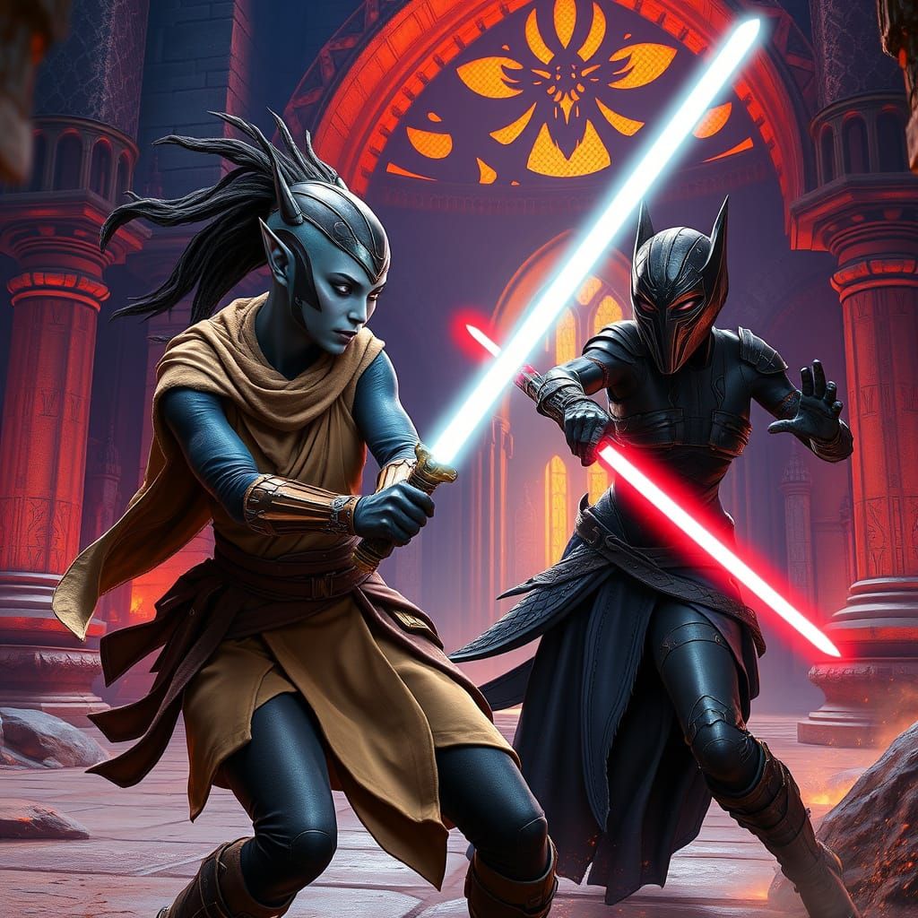 Twi'lek Jedi Fights Zabrak Sith in Ancient Temple