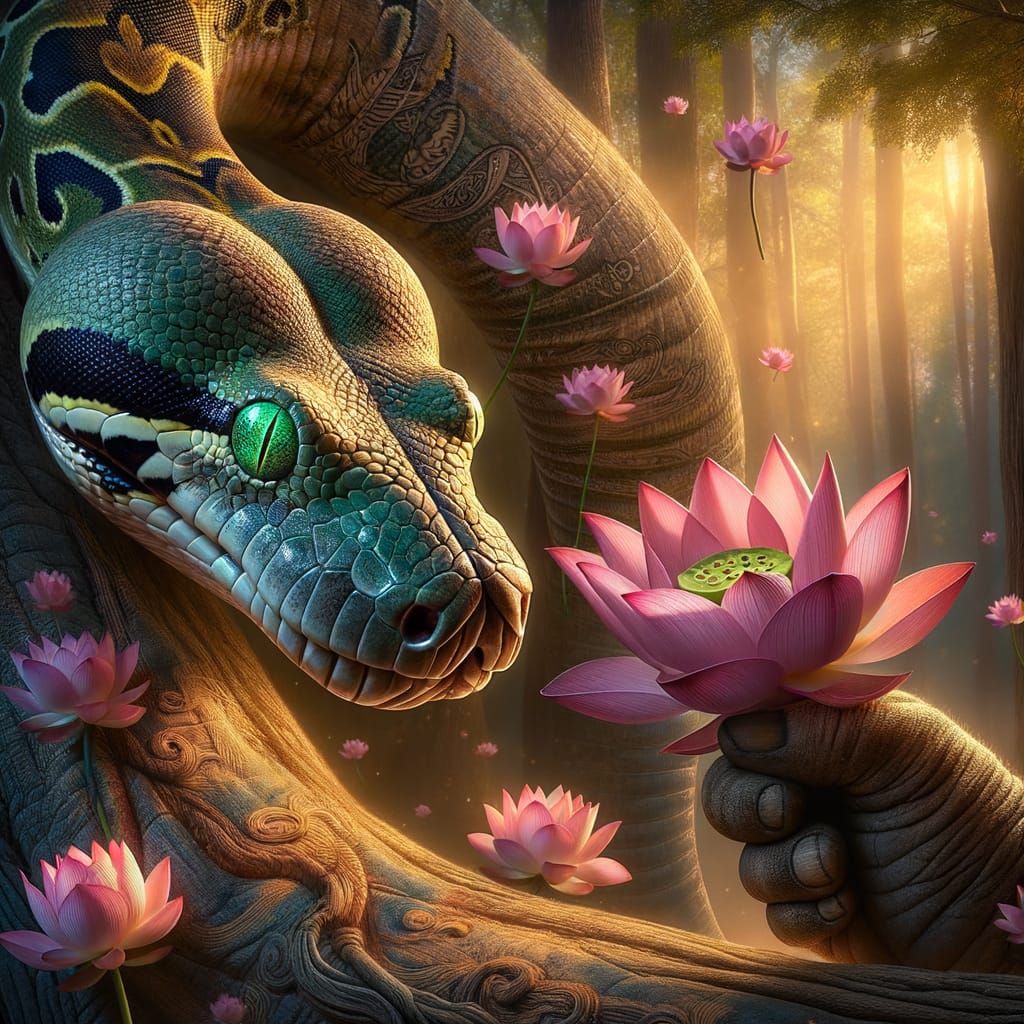 Snake Wrapped in Lotus Flowers Basks in Gentle Golden Light