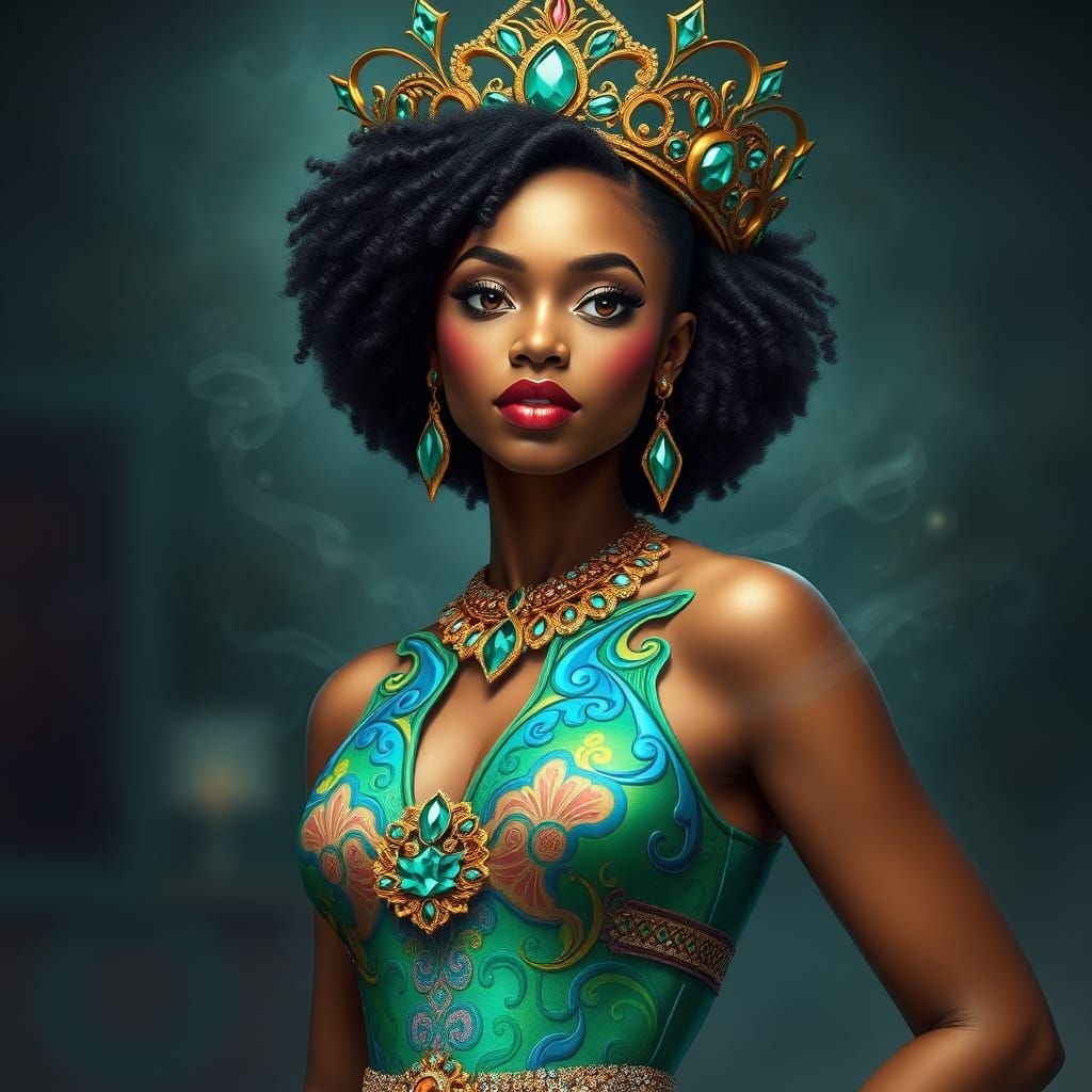 Sensual Caribbean Goddess in Vibrant Futuristic Attire