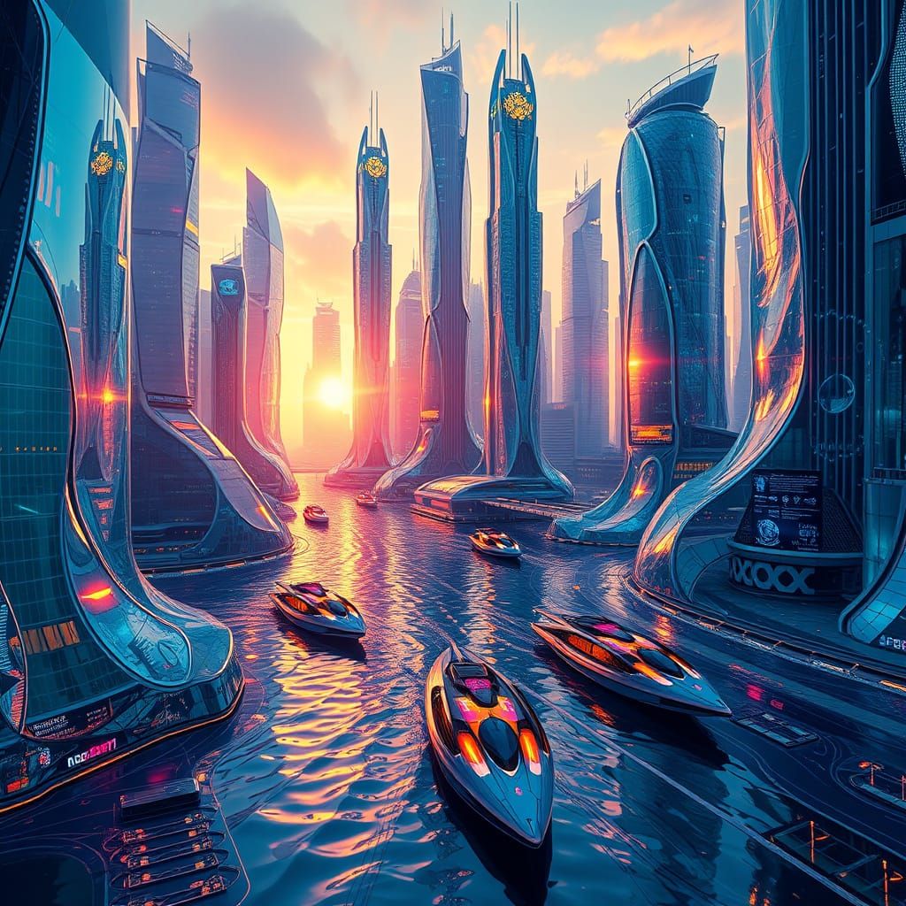 Futuristic Aquatic Metropolis in Vibrant Sunset Hues