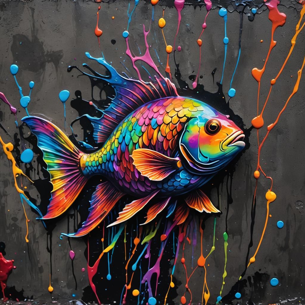 Iridescent Fish Swimming Through Coral Reef Graffiti Art