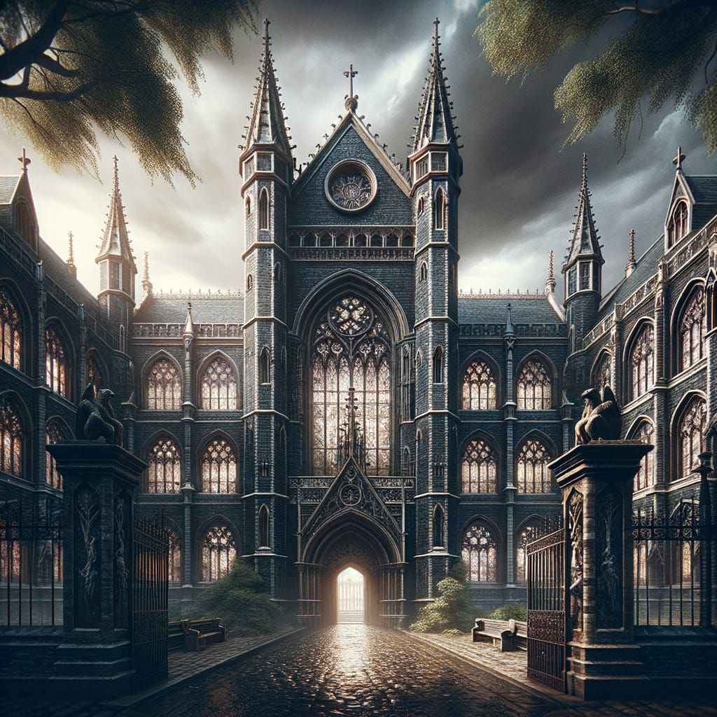Gothic Castle School in Dark Stone and Stained Glass