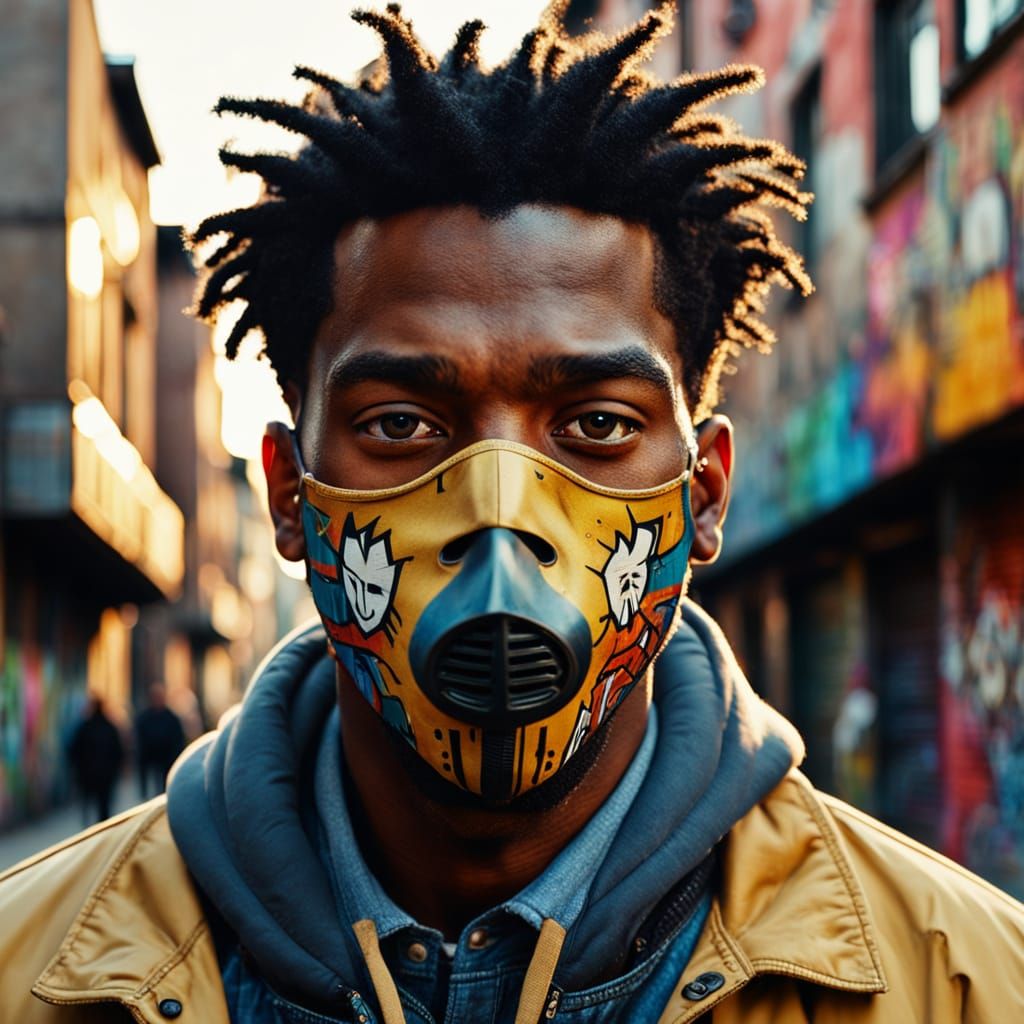 Masked Man Portrait in Gritty Urban Street Style