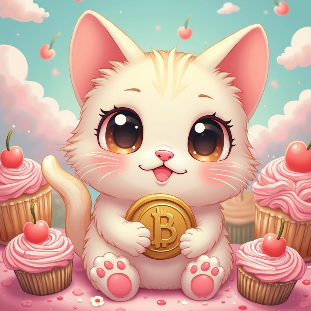 Kawaii Cat Celebrates Bitcoin in Candy Land