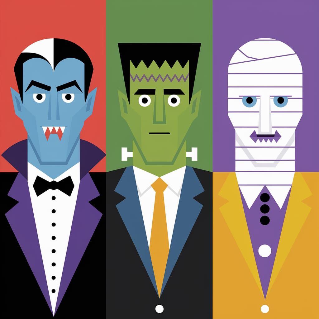 Dracula, Frankenstein, Wolfman, Mummy in Miami Vice Style