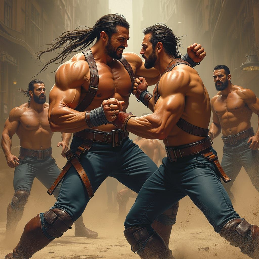 Muscular Men in Epic Leather Harness Wrestling