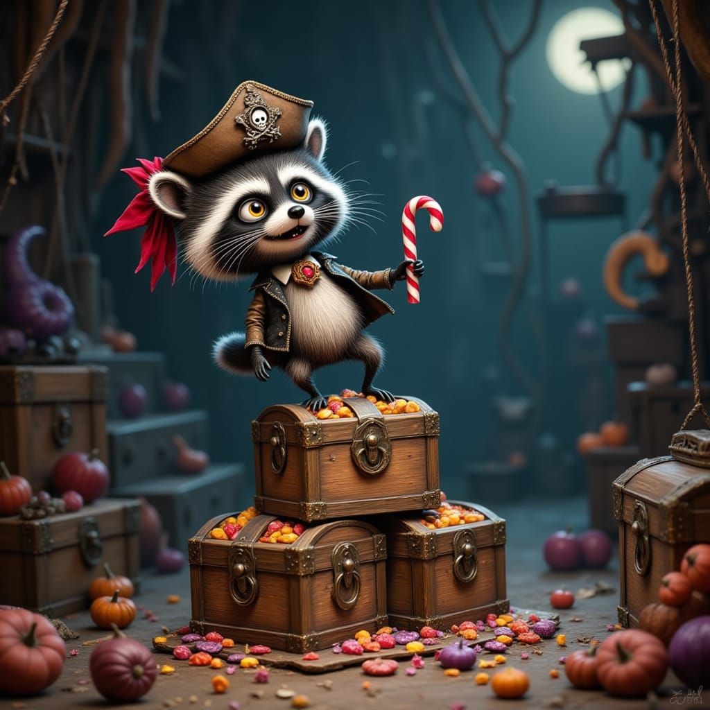 Mischievous Raccoon Pirate Balances on Candy Chests