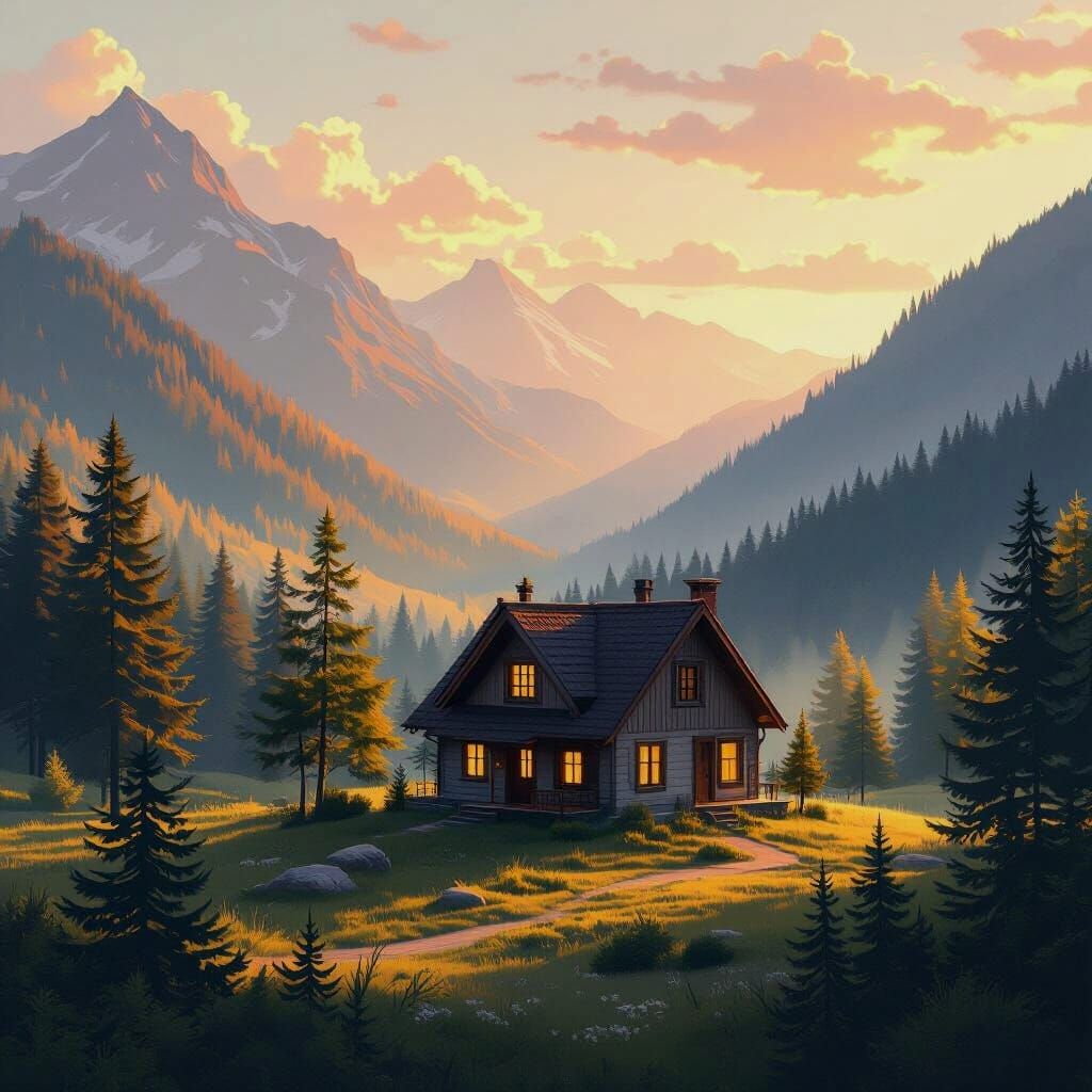Cozy Cottage in Serene Mountain Valley, Golden Hour