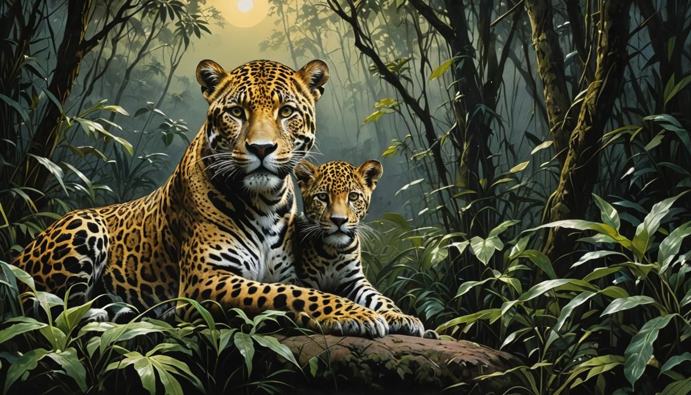 Jaguar and Cub in Dramatic Jungle Landscape