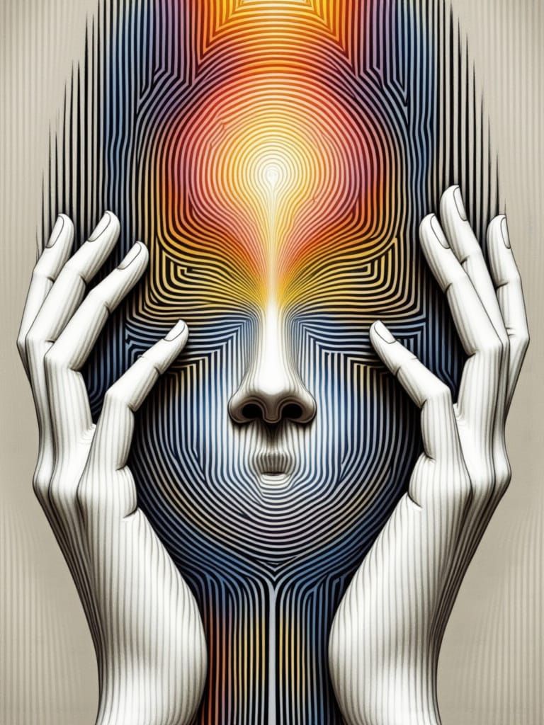 Symmetrical Face with Maze-Like Construction and Vibrant Str...