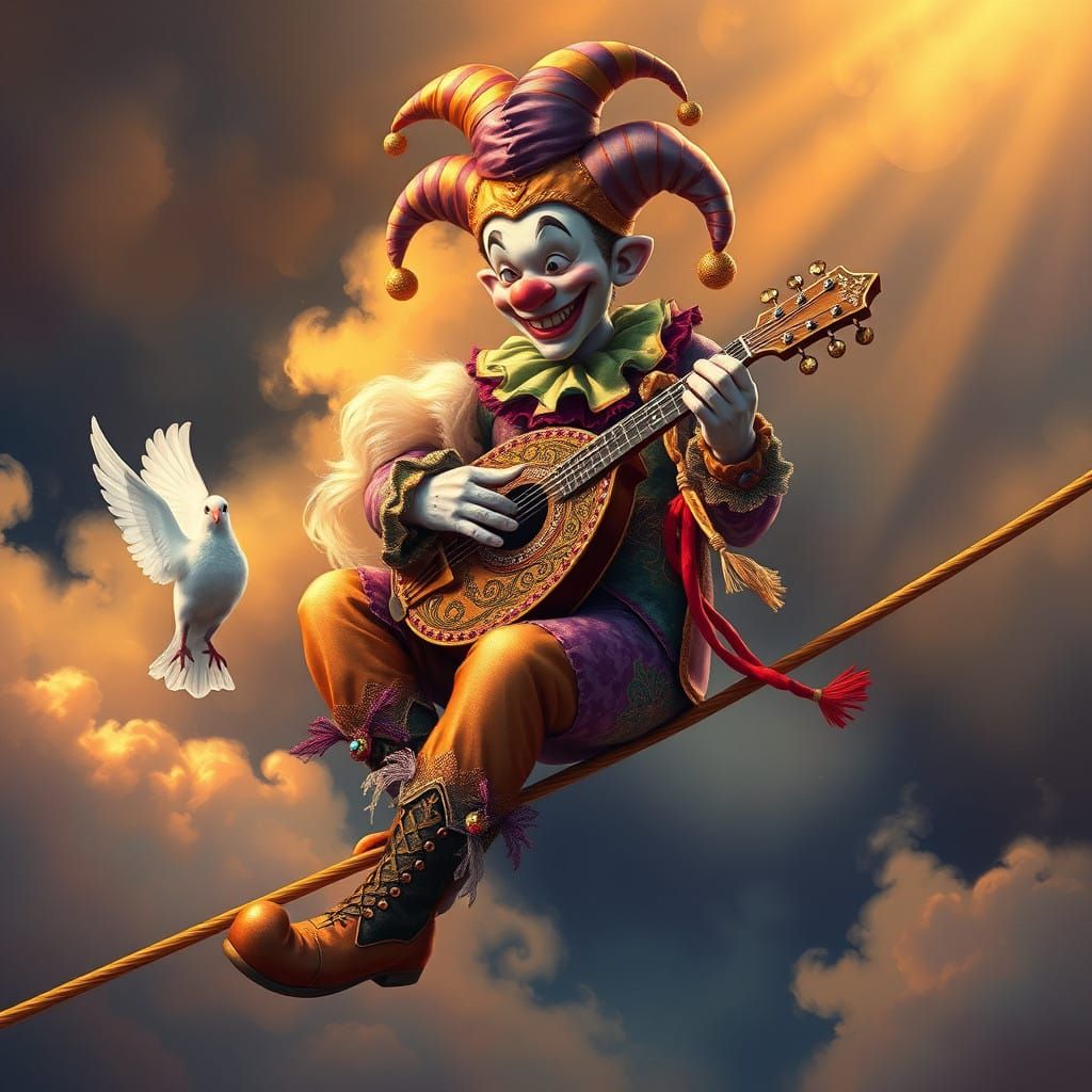 Whimsical Jester on Tightrope, Mandolin in Hand, Amidst Swir...