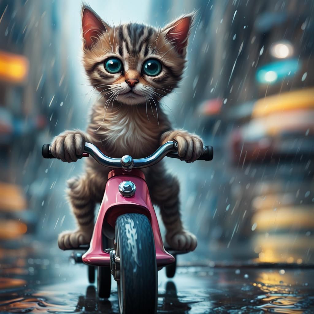 Kitten on Tricycle: Hyperrealistic Splash Art