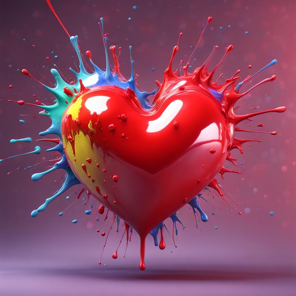 Glassy Red Heart in Exploding Splash Paint Art
