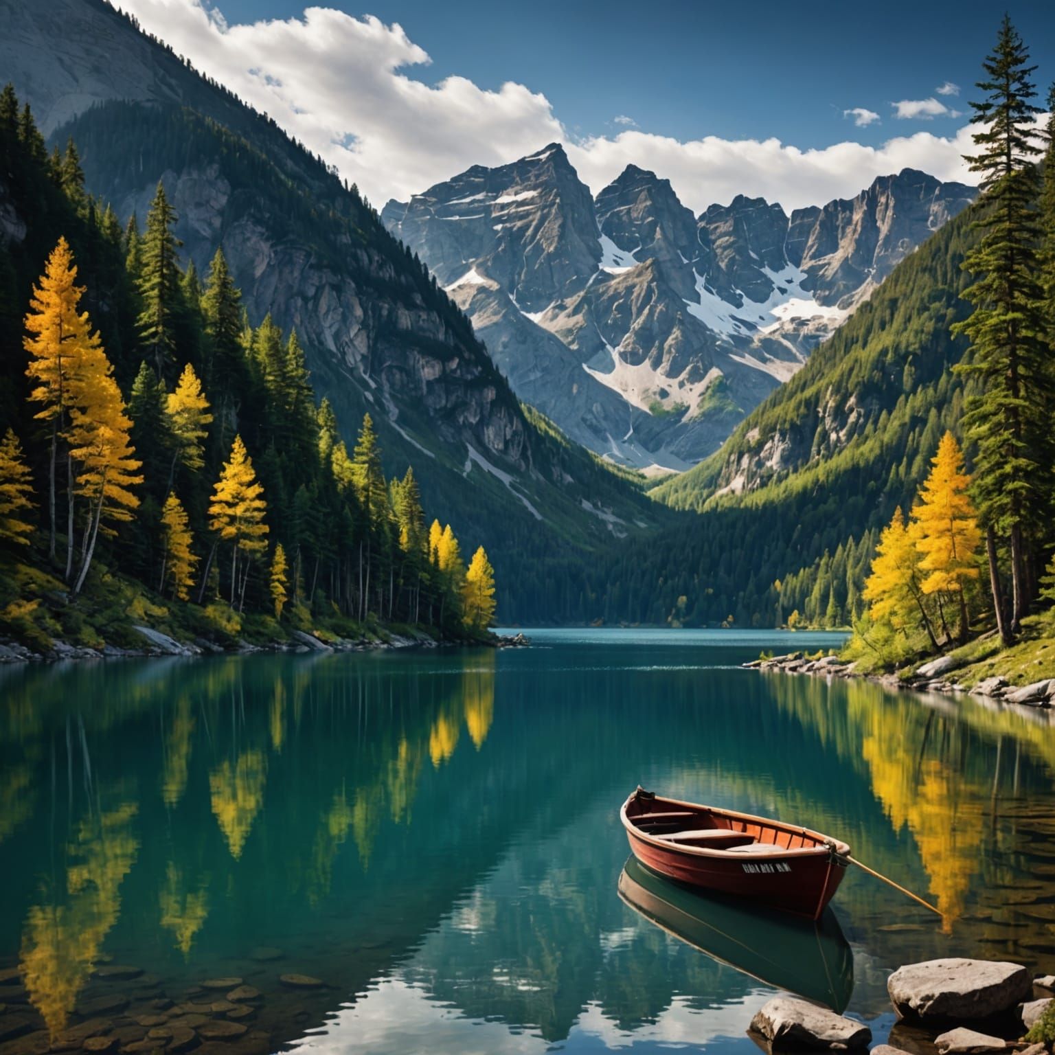 Mountain Lake Scene with Boat in Deep Colors