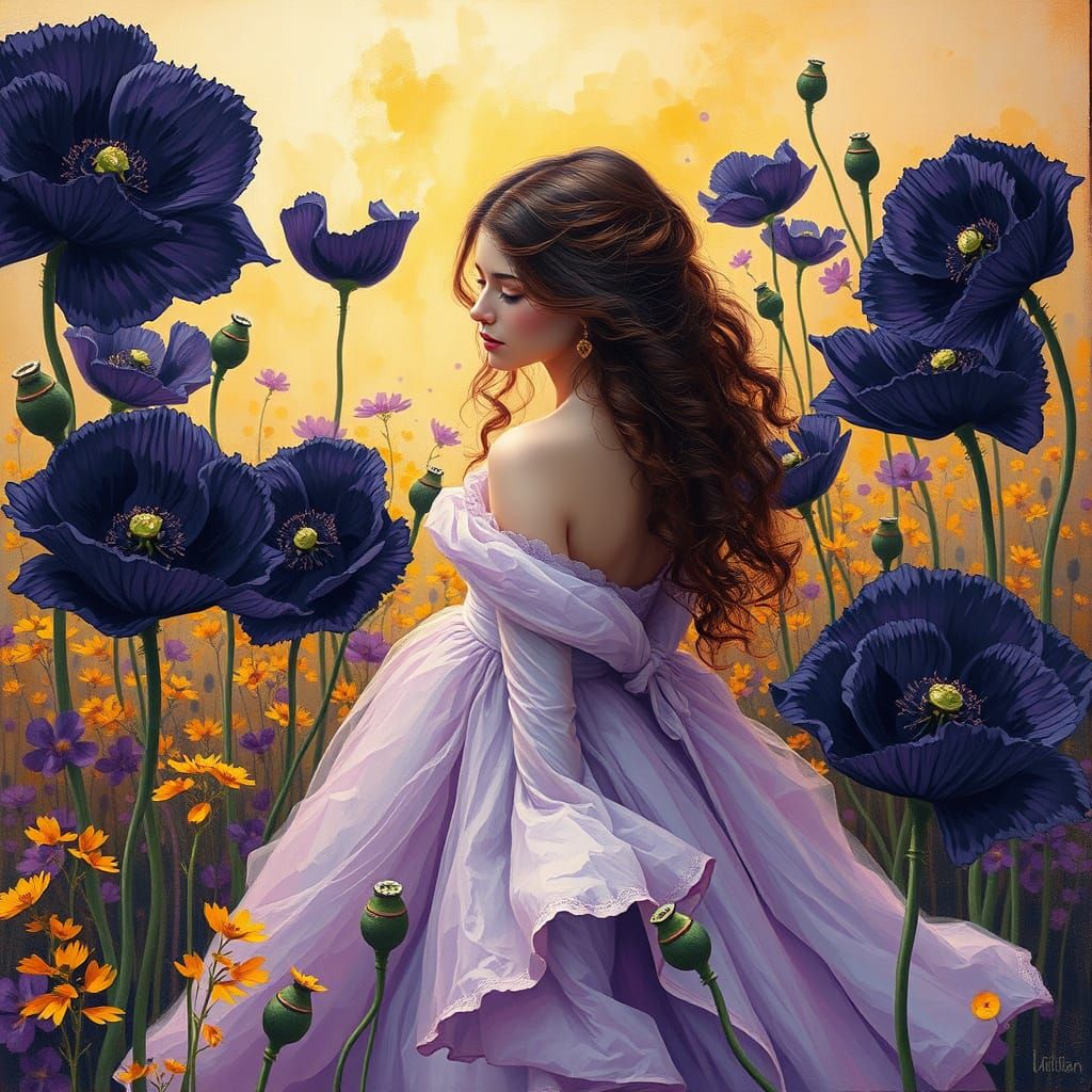 Woman Surrounded by Black Poppies in Expressionist Style