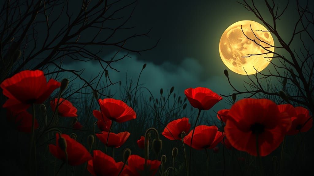 Luminous Night Sky with Red Poppies Under Full Moon