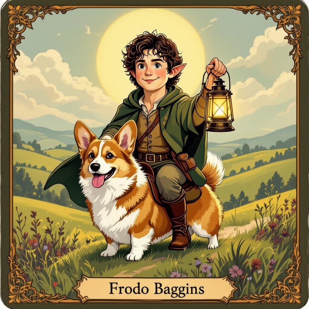 Frodo Riding Corgi Tarot Card